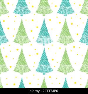 Colorful seamless pattern with Christmas trees and stars Stock Vector