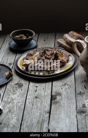 lentil pate and bread composition Stock Photo