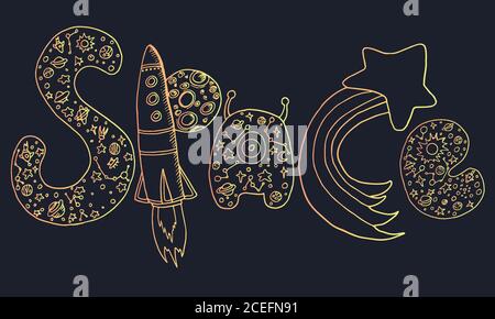 Bright colored retro design of the word cosmos, isolated black b Stock Vector