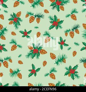 Festive decorative seamless background, lump, pine branch, holly Stock Vector