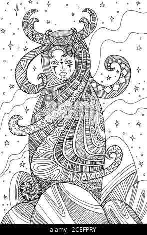 Surrealistic woman shaman, coloring page for children and adults Stock Vector