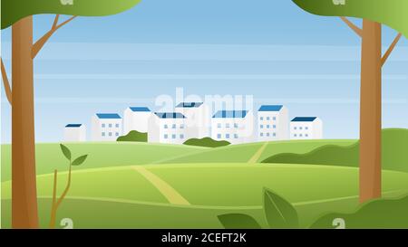 Green summer urban landscape vector illustration. Cartoon flat cityscape with town houses on horizon, road to city among green rural fields on hills and trees, panoramic natural skyline background Stock Vector