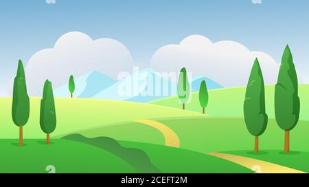 Green summer nature landscape vector illustration. Cartoon flat sunny day panoramic scenery with natural greenery, trees and grass meadow field and road on hills, summertime grassland background Stock Vector