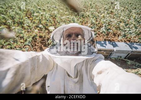 Beekeeper working and taking selfie Stock Photo