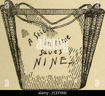 . Fancy work for pleasure and profit. FIG.. DAINTY WORK FOR PLEASURE AND PROFIT. the inside of bag. To make the accordion plaited ends, hem across the topapiece of cretonne 13x21 inches, and gather it at the bottom to fit thenarrow end of the bottom piece of bag, to which it must be fastened. Sewthe sides of the cretonne, which have been reduced to eleven inches by thehem across the top and the gathering at the bottom, to the sides of thefront and back. This finishes one end of bag; the other must be treated inthe same manner. Across the inside of the back piece is placed a full pocket, eight Stock Photo