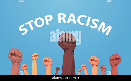mix race activists holding raised up fists poster against racism and discrimination racial equality social justice concept horizontal vector illustration Stock Vector