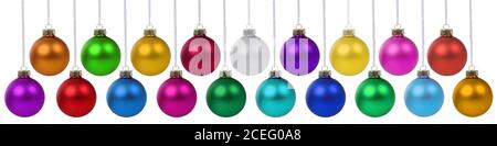 Christmas balls baubles decoration banner hanging isolated on a white background Stock Photo