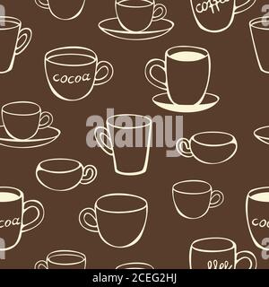 Vector seamless pattern of cups and mugs with cocoa and marshmallow. Concept for coffee house. Coffee colour. Stock Vector