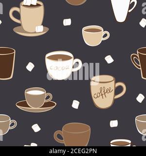 Vector seamless pattern of cups and mugs with coffee and cocoa and marshmallow. Concept for coffee house. Stock Vector
