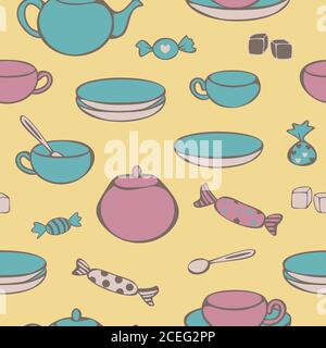 Vector seemless pattern of crockery for tea-drinking - cups, mugs, teapot, sugar bowl, lump sugar and candies. Concept for tea store. Stock Vector