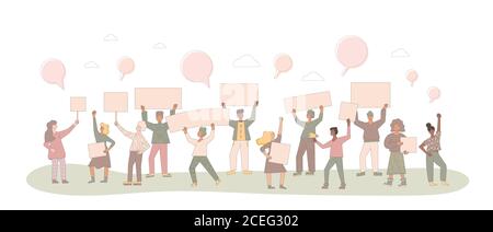 Protest. Crowd of people holding placards. Persons standing together with blanks. Group of men and women with banners taking part in parade, picket. S Stock Vector