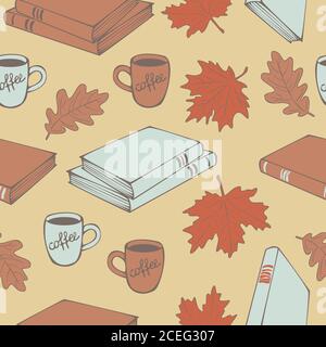 Seamless pattern of books, autumn and oak maple leaves and cups with coffee. Autumn theme vector seamless pattern. Cozy atmosphere. Stock Vector