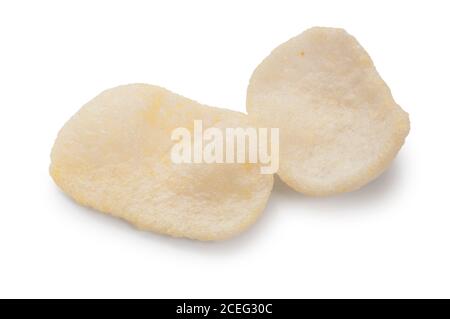 Studio shot of Chinese prawn crackers cut out against a white background - John Gollop Stock Photo