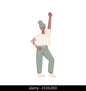 Female character holding placards isolated on white background. Person standing with blank. Young woman in casual clothes with banner taking part in p Stock Vector