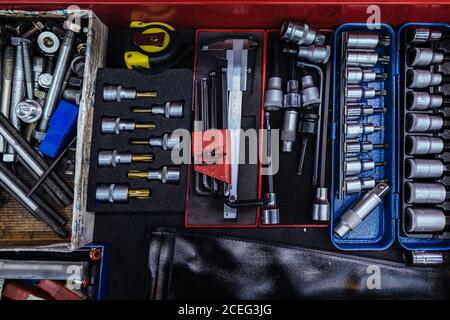 Toolbox in a mechanical garage Stock Photo