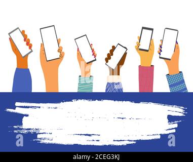Human hands holding a phones banner template. Smartphones with empty screen isolated on white background. Vector flat color illustration. Stock Vector