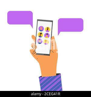 social media messanger. Family distance communication. People interactive talking. Group of coworkers taking part in online chat. Phone call or meetin Stock Vector