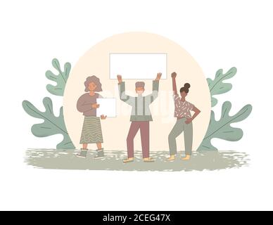 Protest. People holding placards. Persons standing together with blanks. Group of men and women with banners taking part in parade, picket. Social act Stock Vector