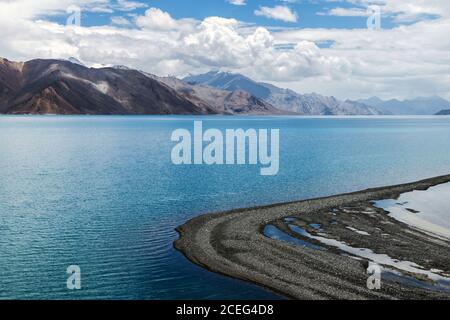 View east into China (Tibet) across Pangong Tso (Pangong Lake) near the Line of Actual Control (LAC) between India and China in Ladakh, India. Stock Photo