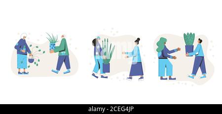 Indoor plants lovers sharing isolated on white background. Persons wearing in casual clothes holding in hands potted flower and going to swap. People Stock Vector