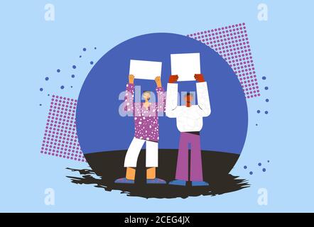 Protest. People holding placards. Persons standing together with blank banners. Two characters with banners taking part in parade, picket, protests. S Stock Vector