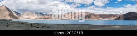 Panorama of western Pangong Tso (Pangong Lake) in Ladakh, India, near the disputed Line of Actual Control (LAC) between India and China. Stock Photo