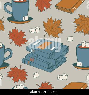 Seamless pattern of books, autumn maple leaves, cups with cocoa and marshmallow. Autumn theme vector seamless pattern. Cozy atmosphere. Stock Vector
