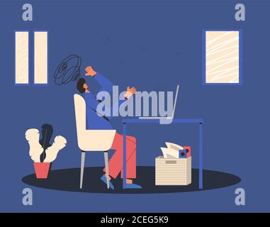 Male freelancer with psychological problems. Uneployed person frustrated. Dismissed man sitting in stress. Mental health support during remote job. Ve Stock Vector