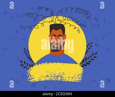 Besrded man in depression portrait. Male patient with psychological problems. Upset peson needed professional support. Mental health. Vector flat illu Stock Vector