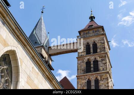 Esslingen, BW / Germany - 21 July 2020: the wooden bridge connecting the two church steeples of St. Dionys church in Esslingen Stock Photo