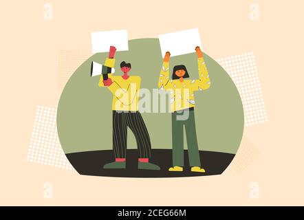 Protest. People holding placards. Persons standing together with blank banners. Two characters with banners taking part in parade, picket, protests. S Stock Vector