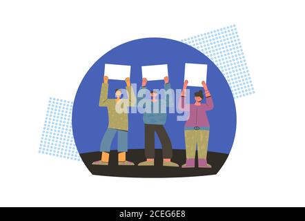 Protest. People holding placards. Persons standing together with blank banners. Group of men and women with banners taking part in parade, picket, pro Stock Vector