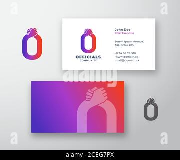 Officials Abstract Vector Logo and Business Card Template. Friends, Partners or Brothers Handshake Incorporated in the Letter O with Modern Typography Stock Vector