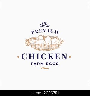 Premium Chicken Eggs Farm Abstract Vector Sign, Symbol or Logo Template. Hand Drawn Sketch Nest with Eggs Sillhouette with Retro Typography. Vintage Stock Vector
