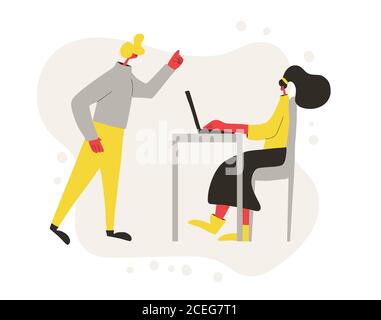 Adviser. Character working on computer and other person wagging his finger at her. woman using laptop. Vector flat color illustration. Stock Vector