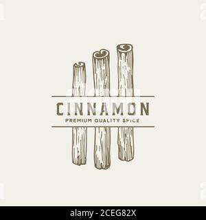 Cinnamon Premium Quality Spice Abstract Vector Sign, Symbol or Logo Template. Hand Drawn Cinnamon Sticks with Vintage Typography. Stock Vector