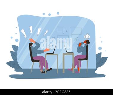 Burnout syndrome. Tired characters working from home on computer. Stressed persons using laptop. Vector flat color illustration. Stock Vector