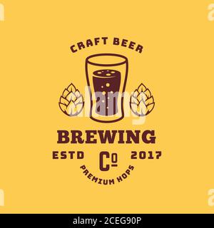 Craft Beer Premium Hops Abstract Vector Retro Symbol or Logo Template. Vintage Typography Premium Brewing Sign. Glass with Hop Creative Emblem. Stock Vector