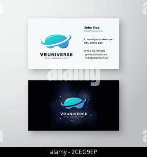 Virtual Reality Universe Abstract Vector Sign or Logo and Business Card Template. Premium Stationary Realistic Mock Up. Electronic Glasses Silhouette Stock Vector
