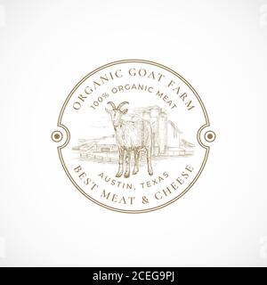 Milk and Cheese Farm Framed Retro Badge or Logo Template. Hand Drawn Goat and Farm Landscape Sketch with Retro Typography. Vintage Sketch Emblem. Stock Vector