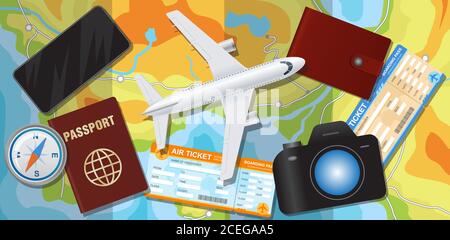 Tourist stuff and airplane over map background Stock Vector