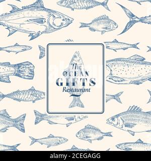 Hand Drawn Vector Seamless Pattern. Fish Package Card or Cover Template with Sea Bass Ocean Gifts Emblem. Herring, Anchovy, Tuna, Dorado, Seabass and Stock Vector