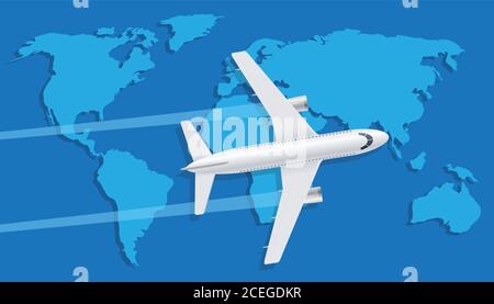 White plane over blue world map, creative illustration Stock Vector