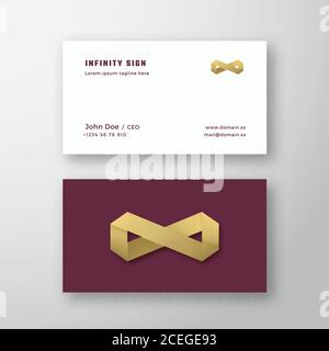 Abstract Vector Golden Infinity Sign or Logo and Business Card Template. Premium Stationary Realistic Mock Up. Stock Vector
