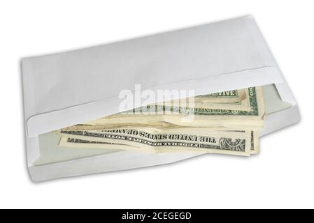 high angle view of dollar bills in white envelope isolated on white background Stock Photo