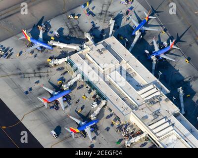 Southwest Airlines Terminal 1 at Los Angeles International Airport, United States. Southwest Airlines Boeing 737 parked at LAX Airport T1. Stock Photo