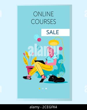 Mobile page template for online courses app flat vector illustration. Stock Vector