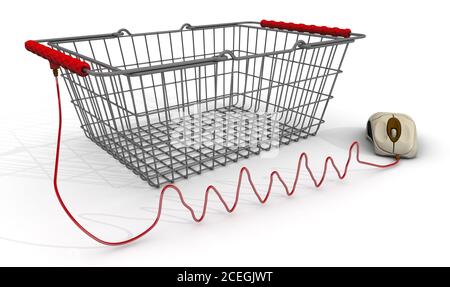 Buying gifts by online store. Shopping basket connected with computer mouse. The concept of online shopping. Stock Photo