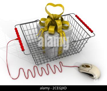 Buying gifts by online store. Gift box lies in the shopping basket connected to the computer mouse. The concept of buying gifts over the Internet Stock Photo