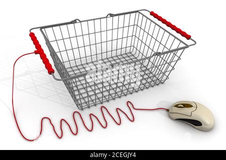 Buying gifts by online store. Shopping basket connected with computer mouse. The concept of online shopping. Stock Photo